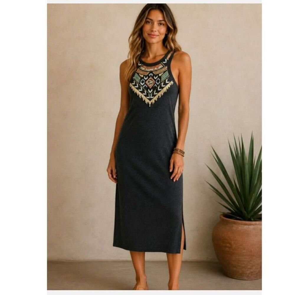 Express Charcoal Gray Bodycon Midi Dress, Southwestern Beading, M